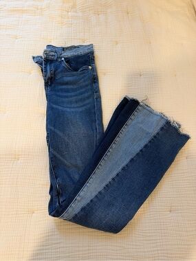 BlankNYC Two-Tone Raw Hem Flared Jeans - Blue Denim